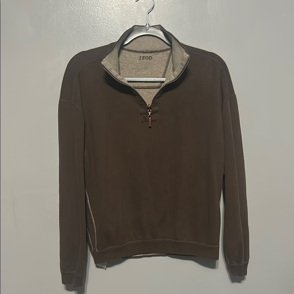 Izod Brown Zip Up Sweater Classic Knit Design